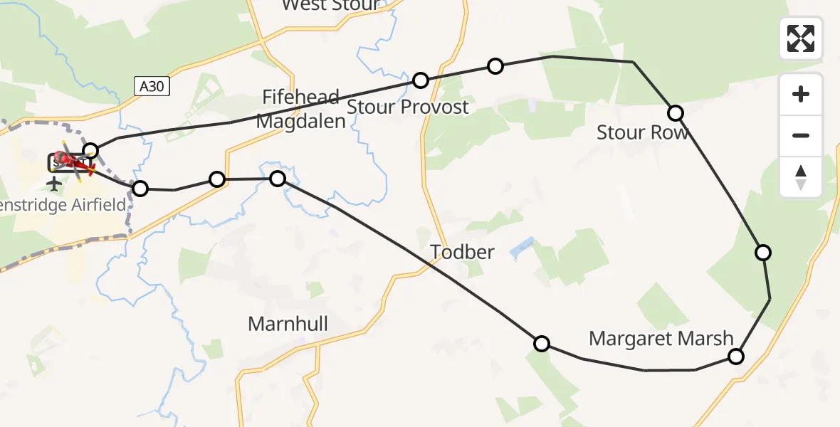 Flight route Air Ambulance Helicopter Henstridge Airfield - Kington Magna, 23 May 2026, 22:14