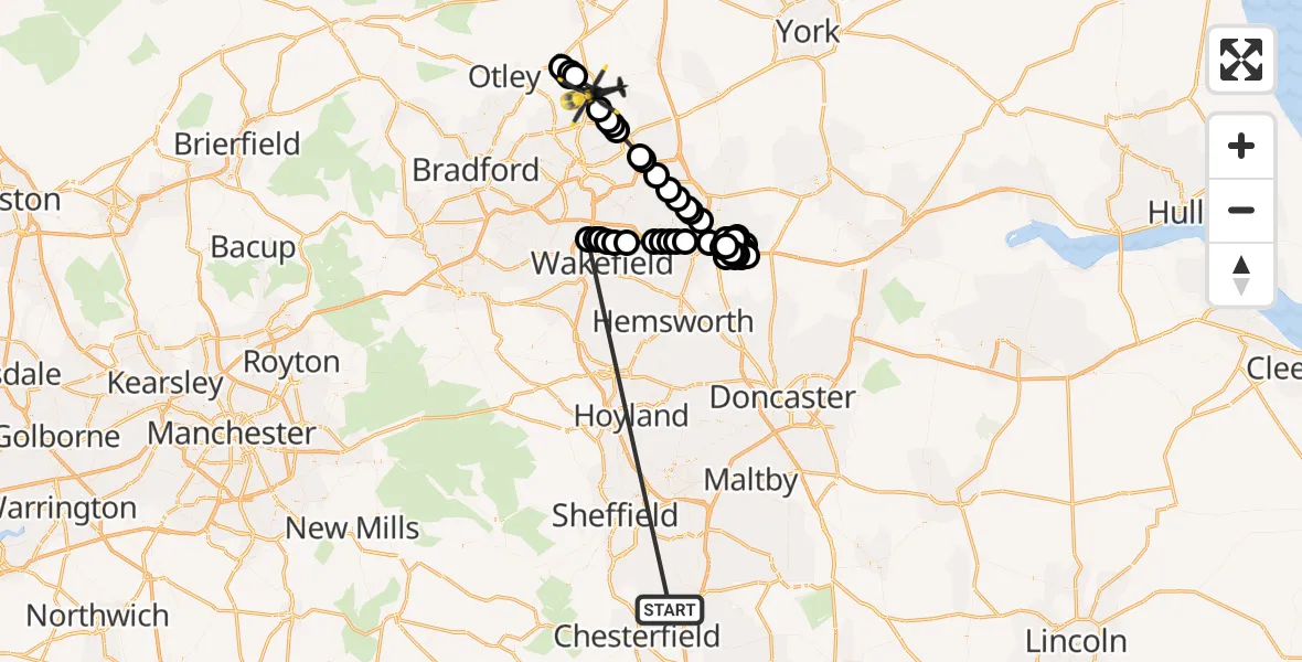 Flight route Police Helicopter Staveley - Harewood, 23 May 2026, 22:21
