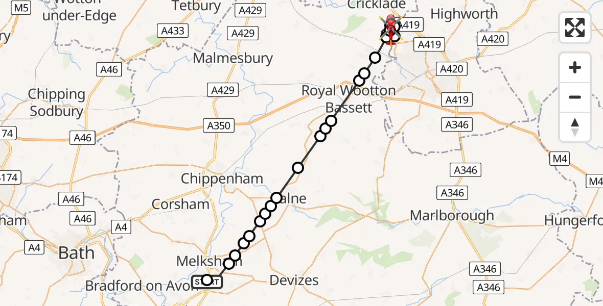 Flight route Air Ambulance Helicopter Wiltshire Air Ambulance - Blunsdon St Andrew, 23 May 2026, 22:22