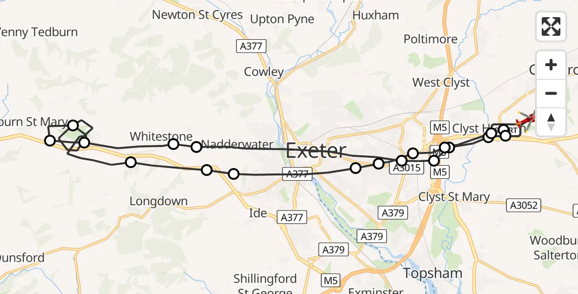 Flight route Air Ambulance Helicopter Exeter International Airport - Exeter International Airport, 23 May 2026, 22:35