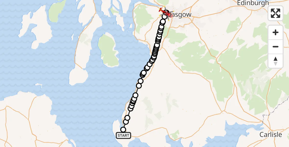 Flight route Air Ambulance Helicopter Stranraer - Glasgow Airport, 23 May 2026, 22:51