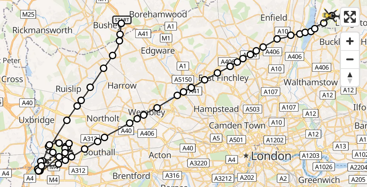 Flight route Police Helicopter Elstree Airfield - Metropolitan Police Air Support Unit Lippitts Hill, 23 May 2026, 23:09