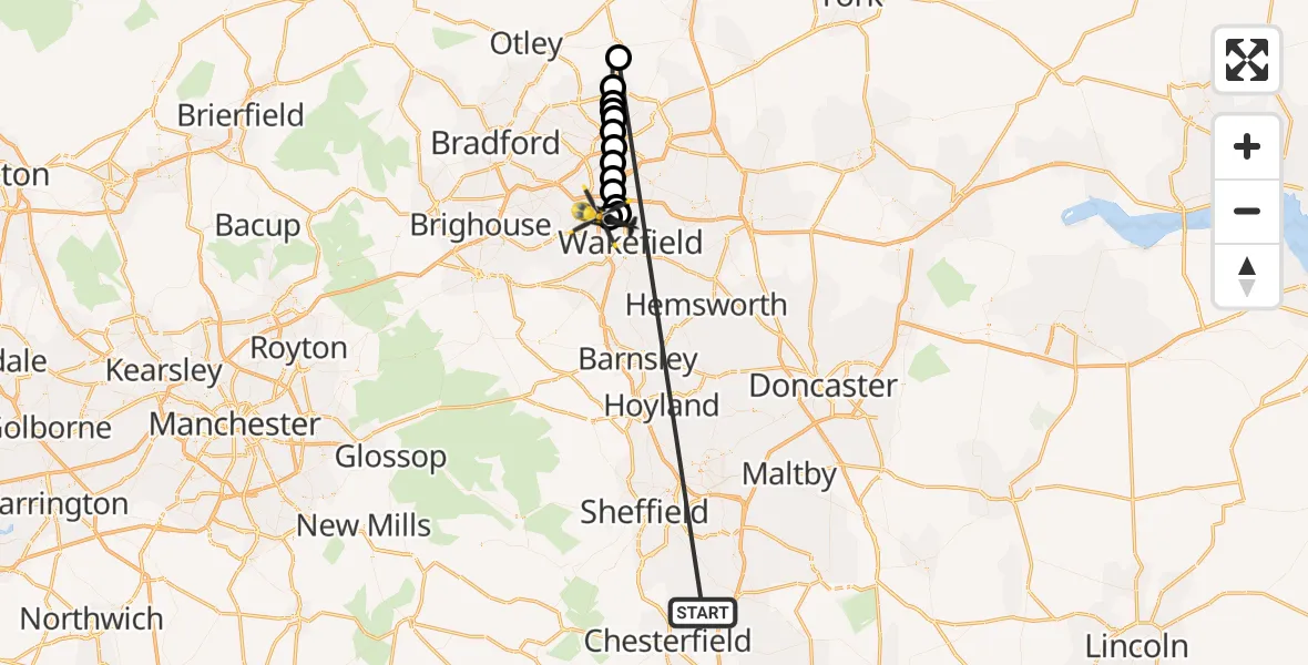 Flight route Police Helicopter Staveley - Brandy Carr, 23 May 2026, 23:17