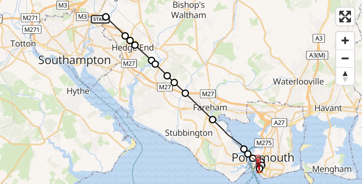 Flight route Air Ambulance Helicopter Southampton Airport - Old Portsmouth, 23 May 2026, 23:20