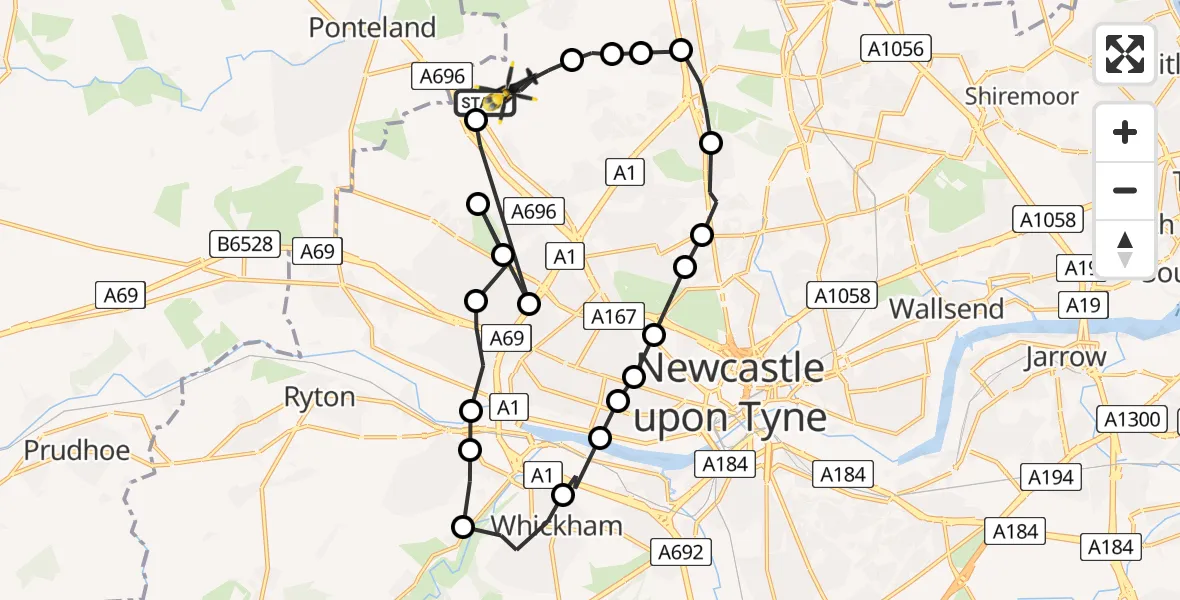Flight route Police Helicopter Newcastle International Airport - Newcastle International Airport, 23 May 2026, 23:31