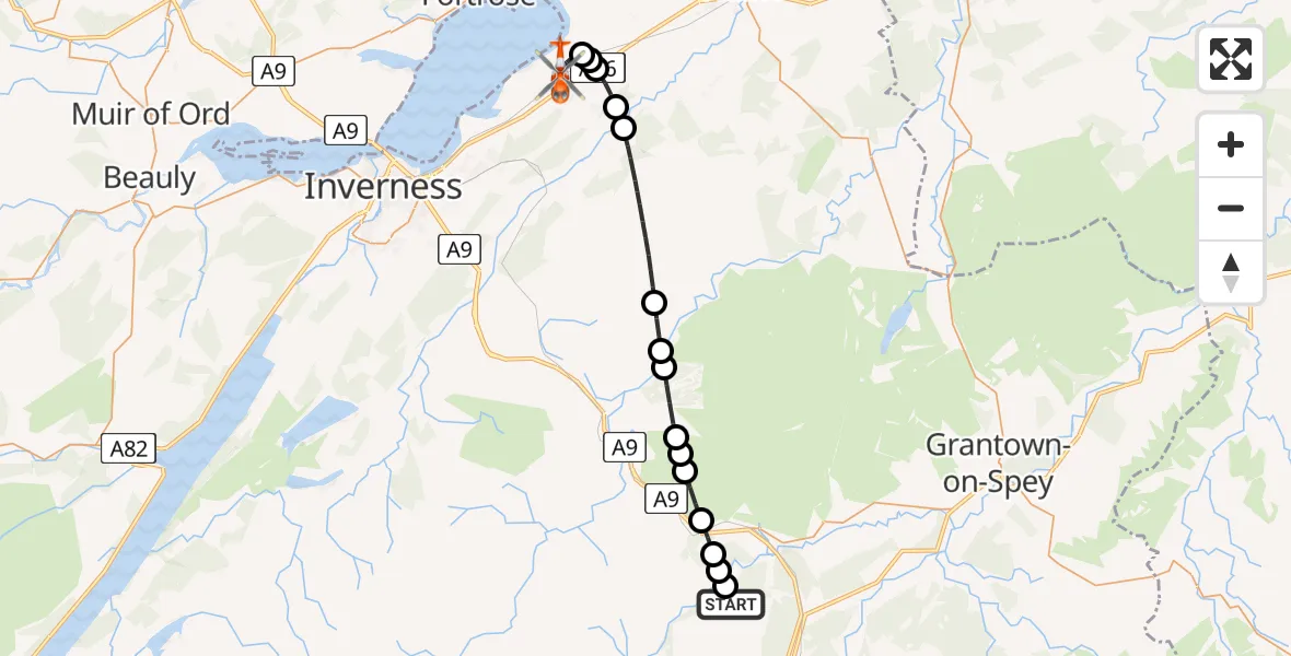 Flight route Coastguard Helicopter Aviemore - Inverness Airport, 23 May 2026, 23:39