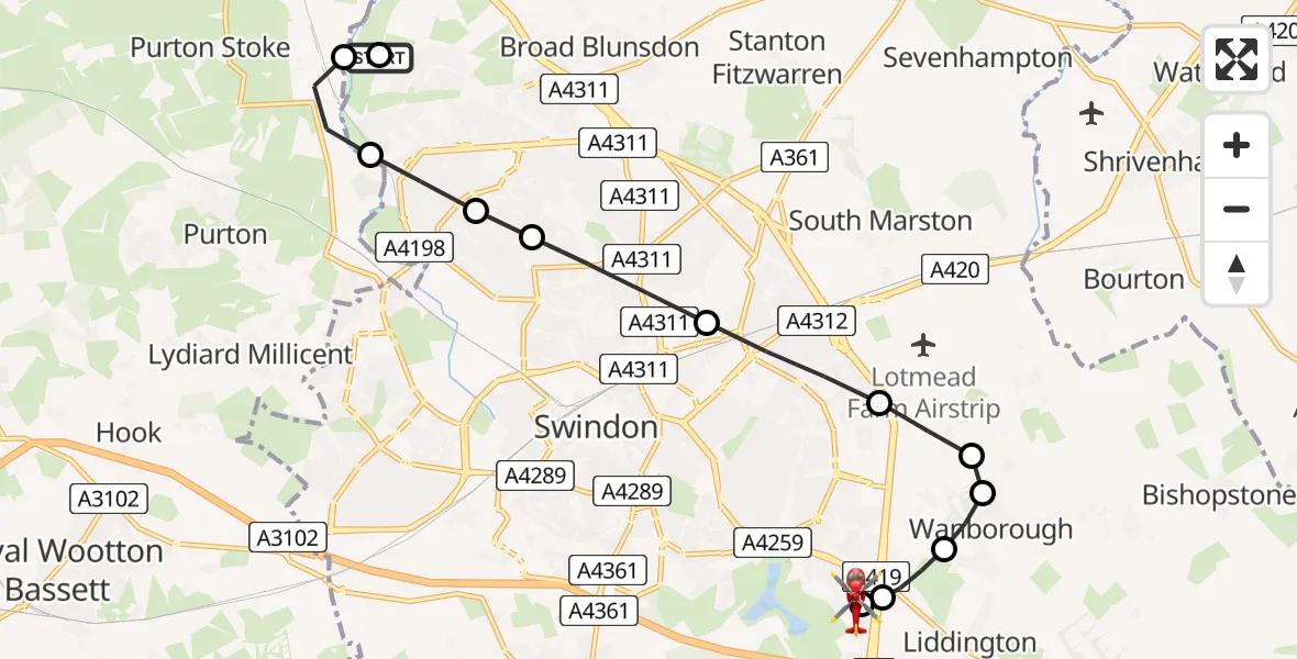 Flight route Air Ambulance Helicopter Tadpole Garden Village - Great Western Hospital, 24 May 2026, 00:23