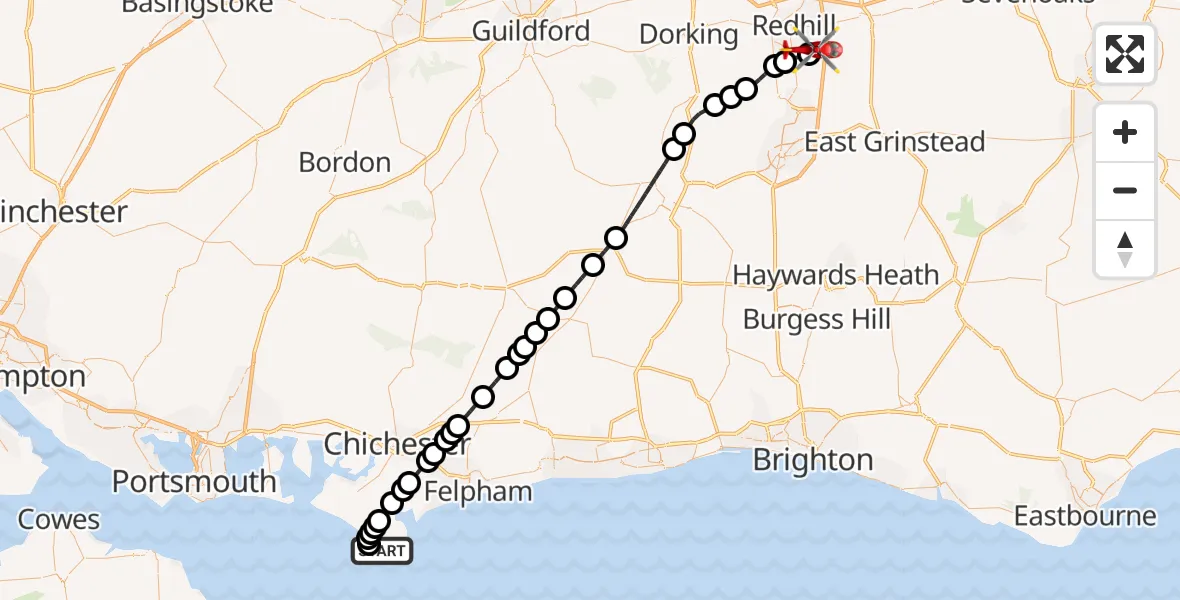 Flight route Air Ambulance Helicopter Selsey - Redhill Aerodrome, 24 May 2026, 00:31