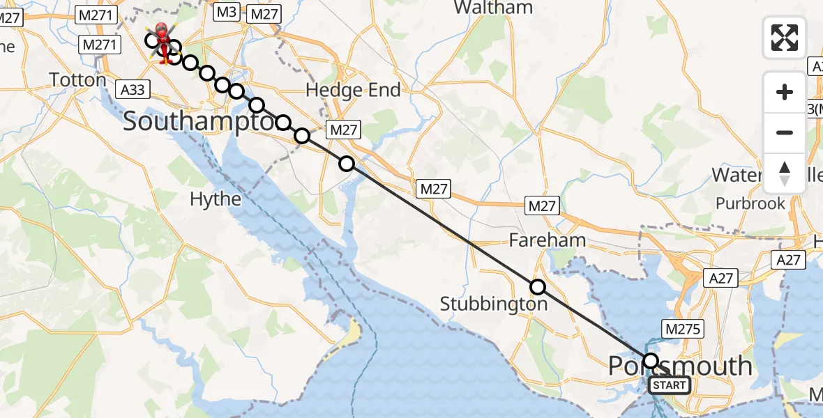Flight route Air Ambulance Helicopter Old Portsmouth - University Hospital Southampton, 24 May 2026, 00:56