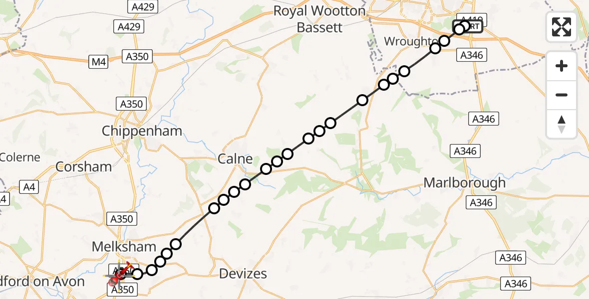 Flight route Air Ambulance Helicopter Great Western Hospital - Wiltshire Air Ambulance, 24 May 2026, 01:41