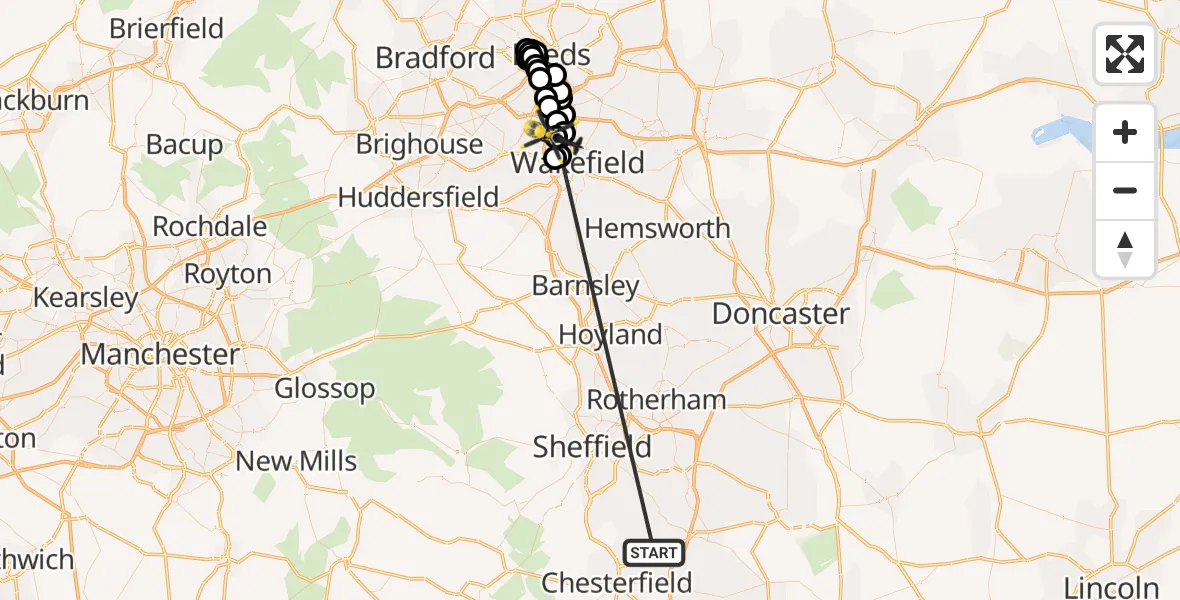 Flight route Police Helicopter Staveley - East Ardsley, 24 May 2026, 01:51