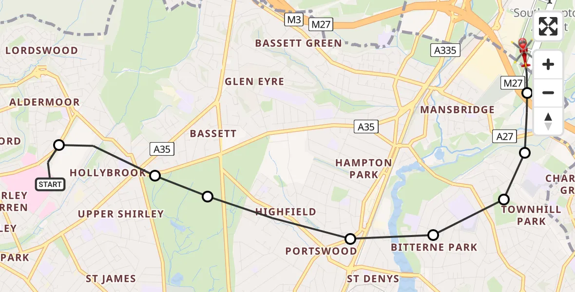 Flight route Air Ambulance Helicopter University Hospital Southampton - Southampton Airport, 24 May 2026, 01:55