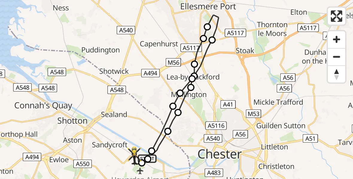 Flight route Police Helicopter Hawarden Airport - Saltney Ferry, 24 May 2026, 02:05