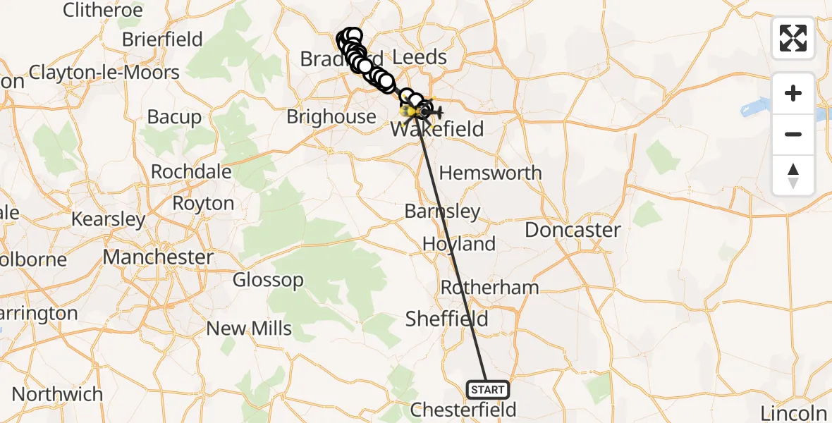 Flight route Police Helicopter Staveley - Brandy Carr, 24 May 2026, 02:56