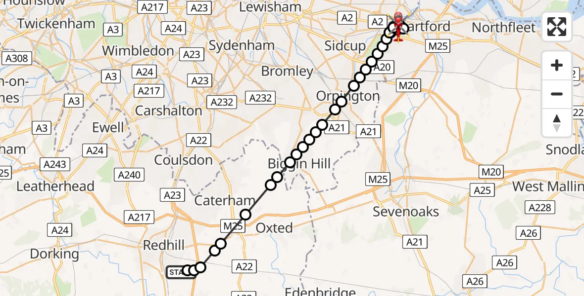 Flight route Air Ambulance Helicopter Redhill Aerodrome - Crayford, 24 May 2026, 03:28