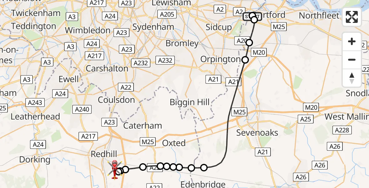 Flight route Air Ambulance Helicopter Dartford - Redhill Aerodrome, 24 May 2026, 04:04