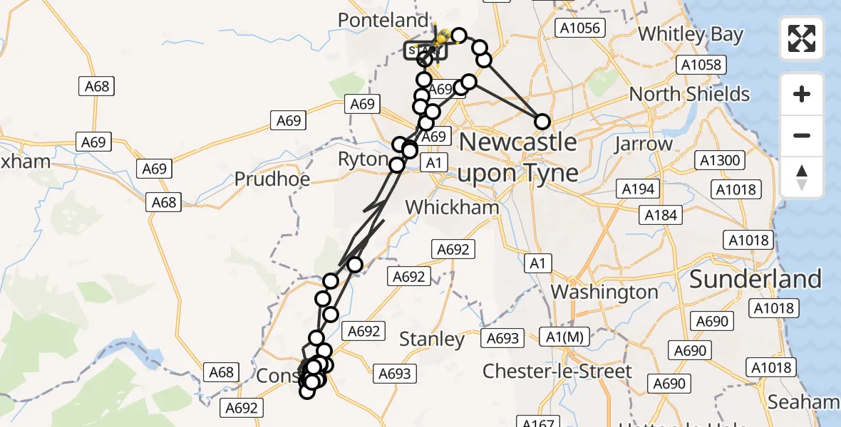 Flight route Police Helicopter Newcastle International Airport - Newcastle International Airport, 24 May 2026, 05:00