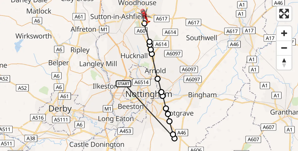 Flight route Air Ambulance Helicopter Bulwell - Mansfield, 24 May 2026, 06:17