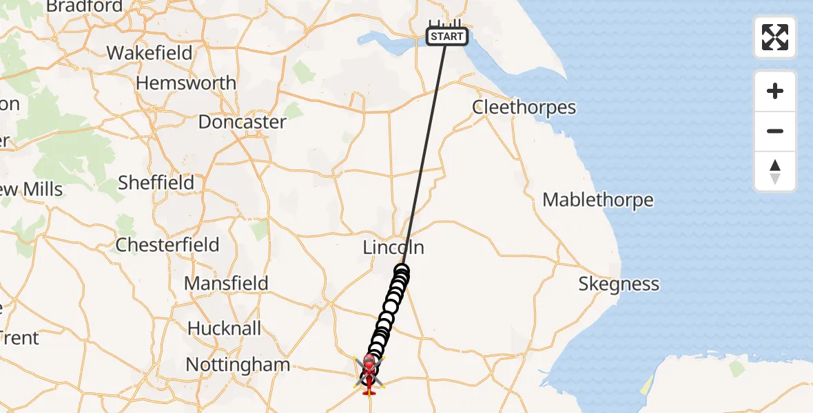 Flight route Air Ambulance Helicopter North Sea - Grantham, 24 May 2026, 06:32