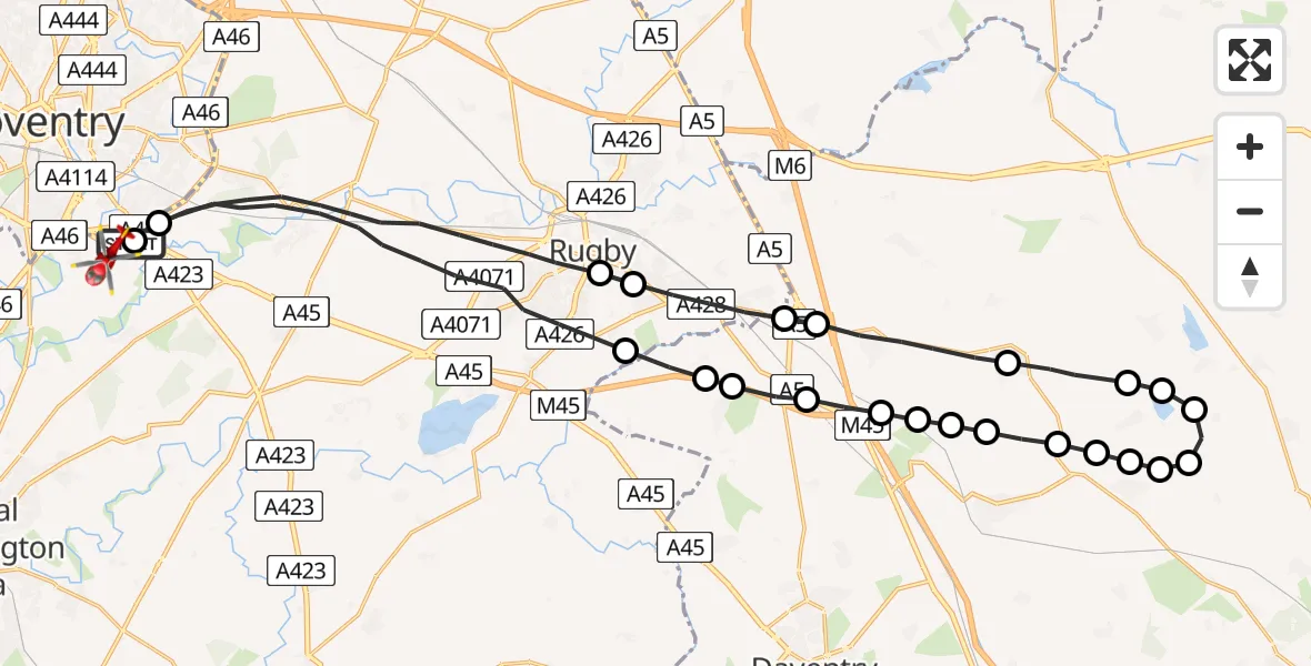 Flight route Air Ambulance Helicopter Coventry Airport - Coventry Airport, 24 May 2026, 07:13