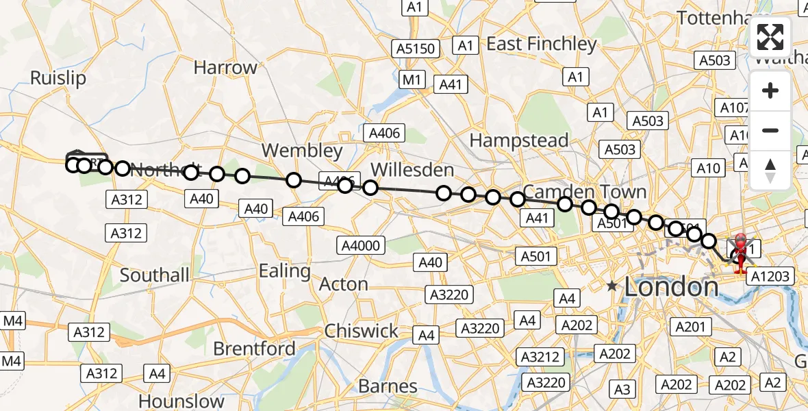 Flight route Air Ambulance Helicopter RAF Northolt - Royal London Hospital, 24 May 2026, 07:19