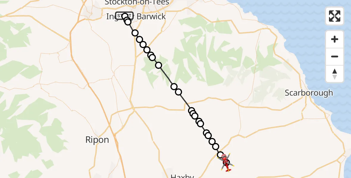 Flight route Air Ambulance Helicopter Egglescliffe - Howsham, 24 May 2026, 07:27