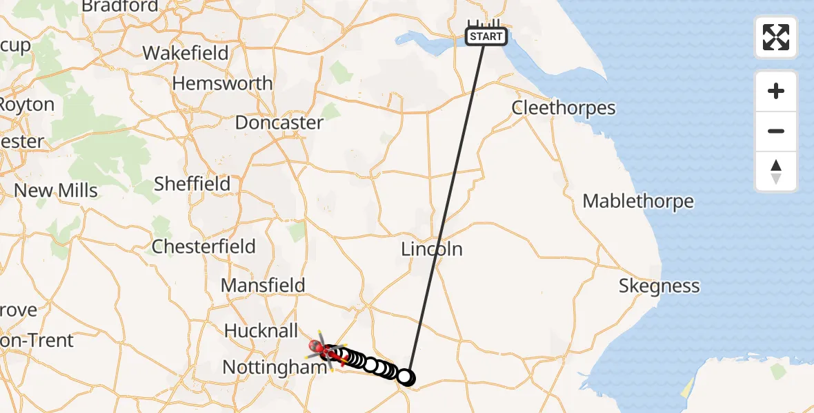 Flight route Air Ambulance Helicopter North Sea - Car Colston, 24 May 2026, 07:39