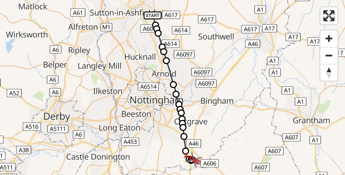 Flight route Air Ambulance Helicopter Mansfield - Nottingham Heliport, 24 May 2026, 07:53