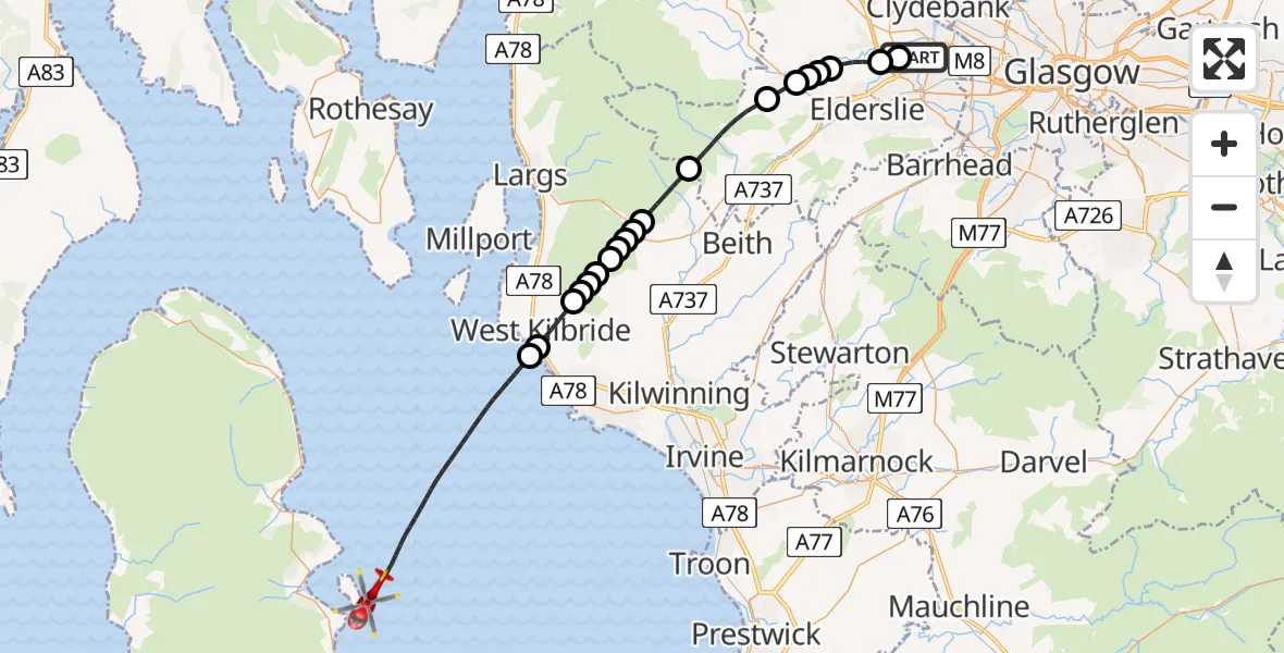 Flight route Air Ambulance Helicopter Glasgow Airport - Inner Seas, 24 May 2026, 07:59