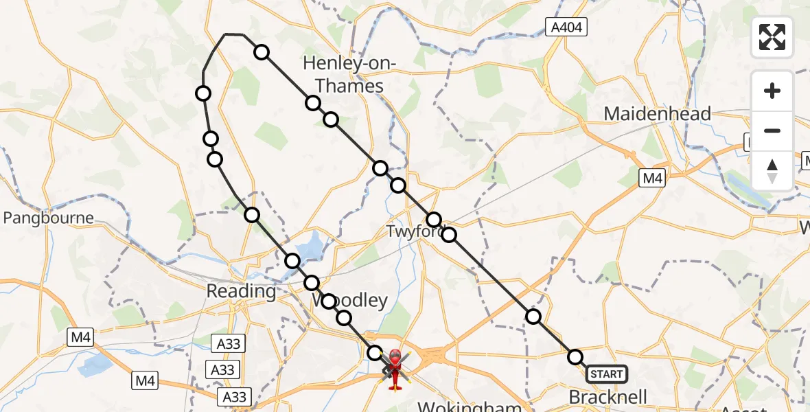 Flight route Air Ambulance Helicopter Bracknell - Sindlesham, 24 May 2026, 08:04