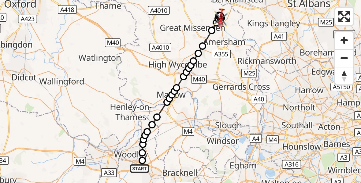 Flight route Air Ambulance Helicopter Sindlesham - Bellingdon, 24 May 2026, 08:33