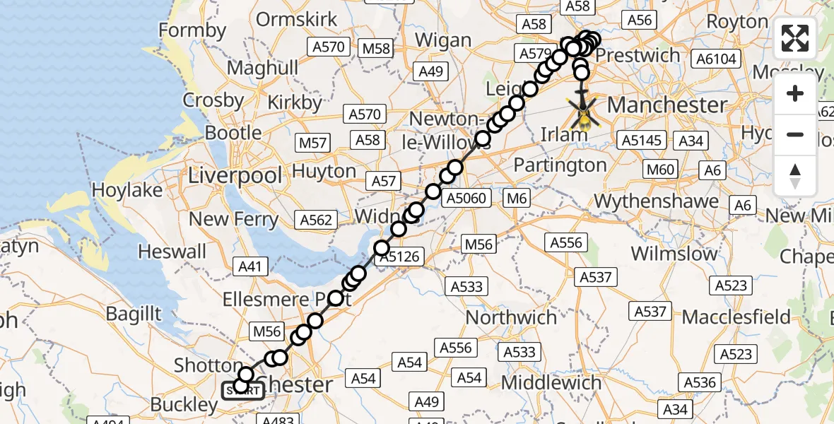 Flight route Police Helicopter Hawarden Airport - Irlam, 24 May 2026, 08:39