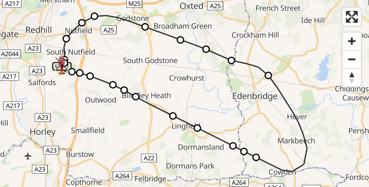 Flight route Air Ambulance Helicopter Redhill Aerodrome - Redhill Aerodrome, 24 May 2026, 08:47
