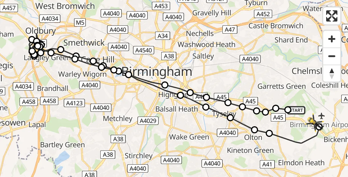 Flight route Police Helicopter Sheldon - Solihull, 24 May 2026, 08:49