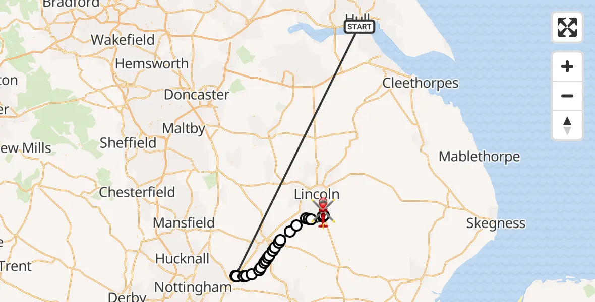 Flight route Air Ambulance Helicopter North Sea - North Kesteven, 24 May 2026, 08:50