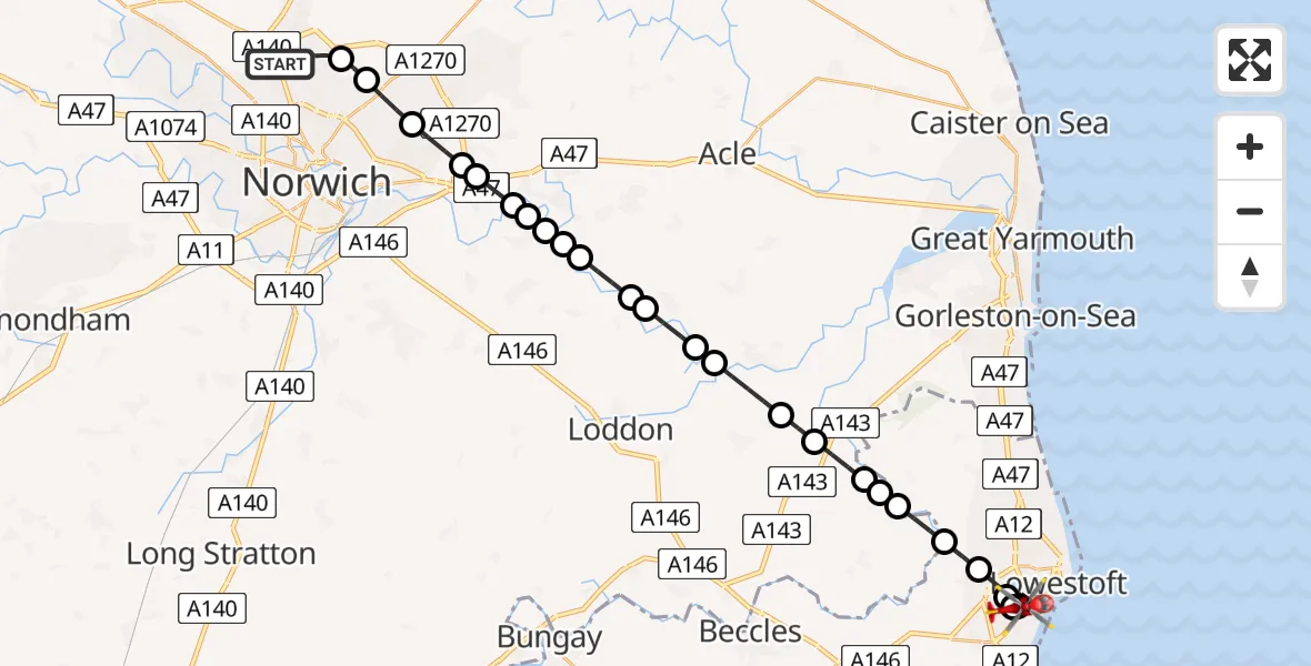 Flight route Air Ambulance Helicopter Norwich Airport - Lowestoft, 24 May 2026, 08:50