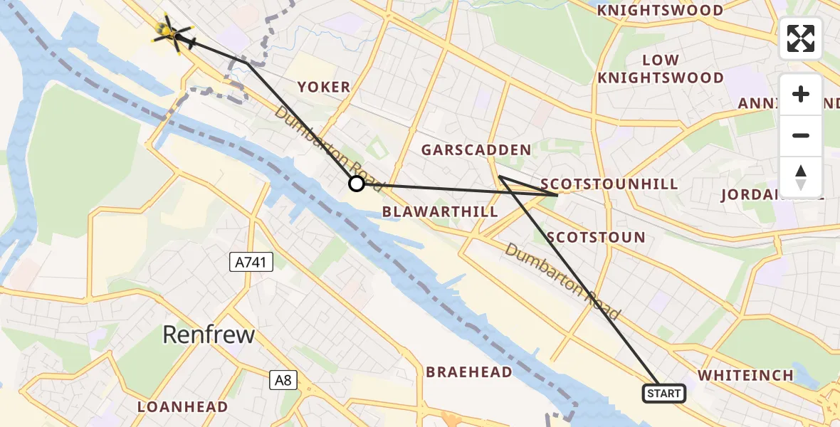 Flight route Police Helicopter Glasgow - Clydebank, 24 May 2026, 08:57