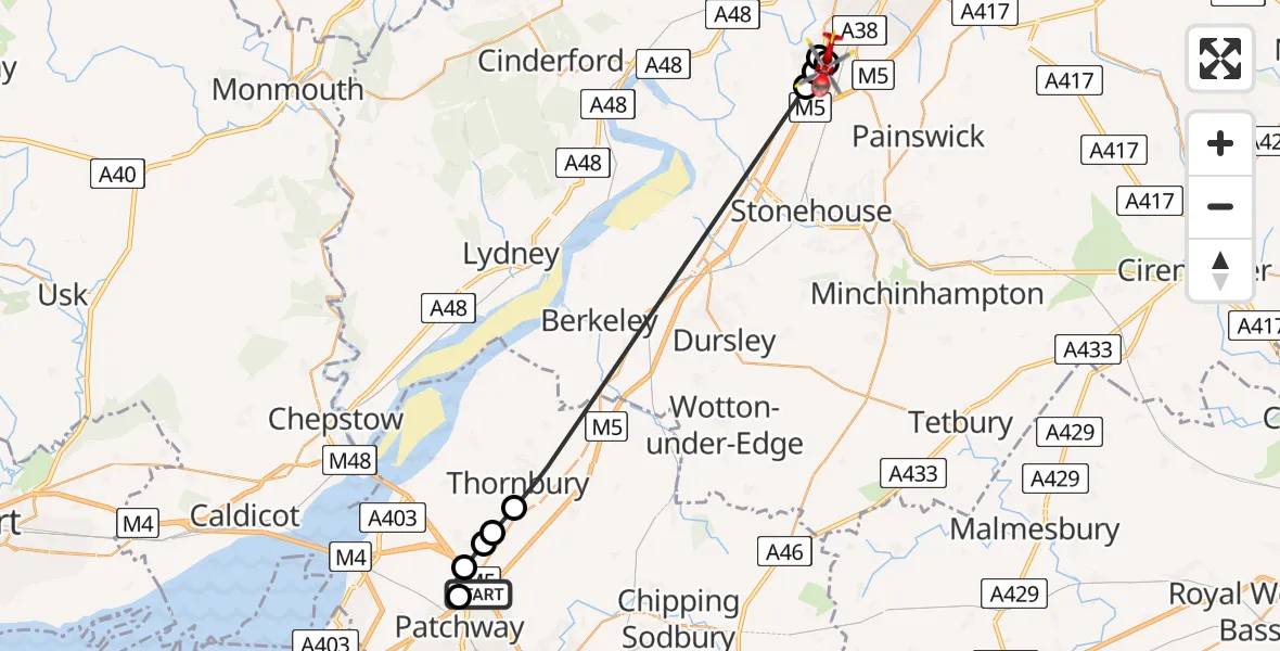 Flight route Air Ambulance Helicopter Almondsbury Helicopter Base - Hardwicke, 24 May 2026, 09:22