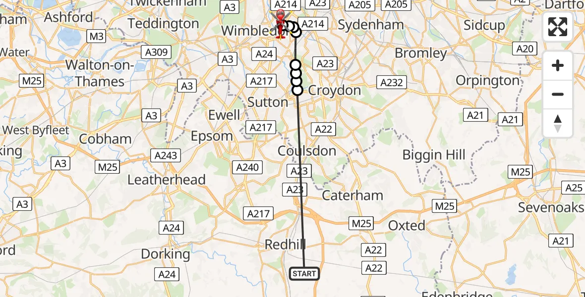 Flight route Air Ambulance Helicopter Redhill Aerodrome - St Georges Hospital, 24 May 2026, 09:23