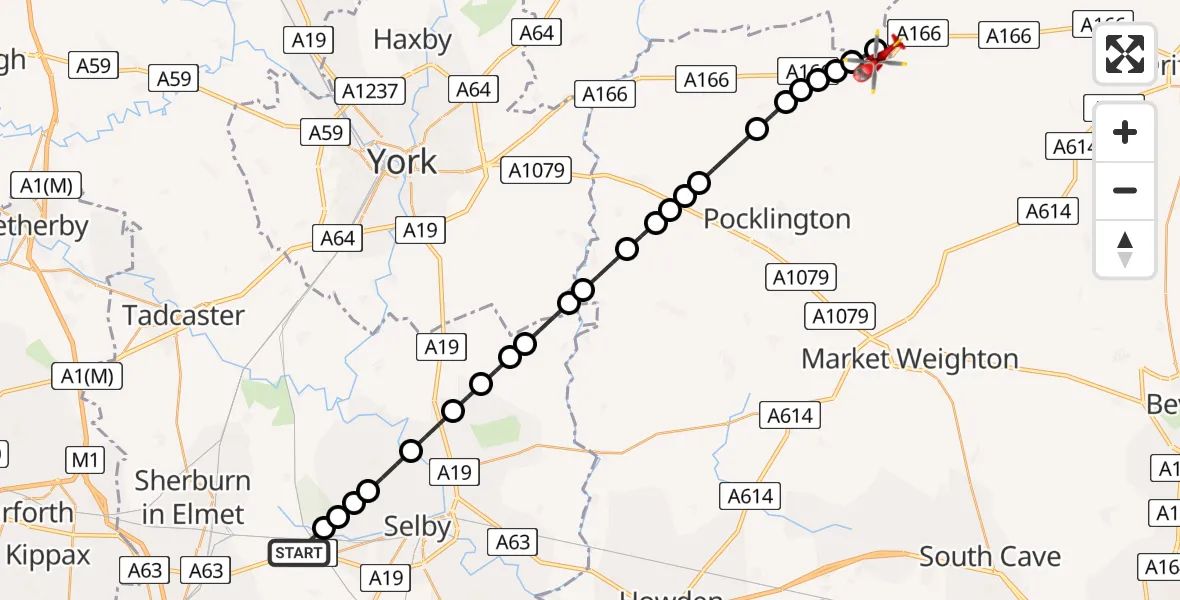 Flight route Air Ambulance Helicopter Hambleton - Thixendale, 24 May 2026, 09:32