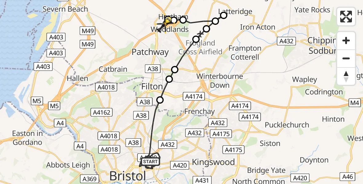 Flight route Police Helicopter Bristol - Almondsbury Helicopter Base, 24 May 2026, 09:32