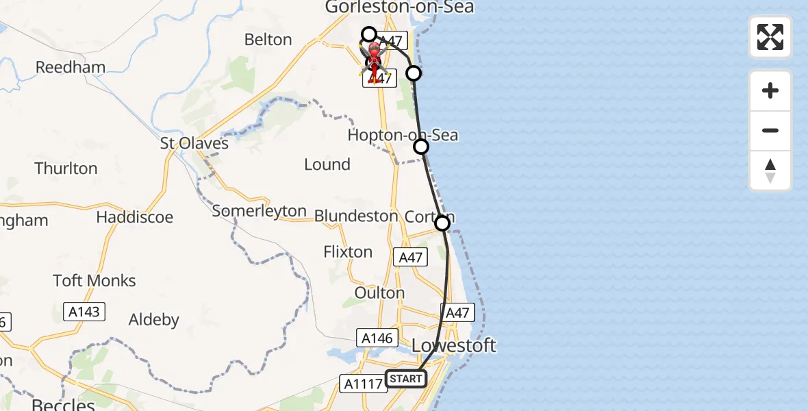 Flight route Air Ambulance Helicopter Lowestoft - James Paget Hospital, 24 May 2026, 09:44