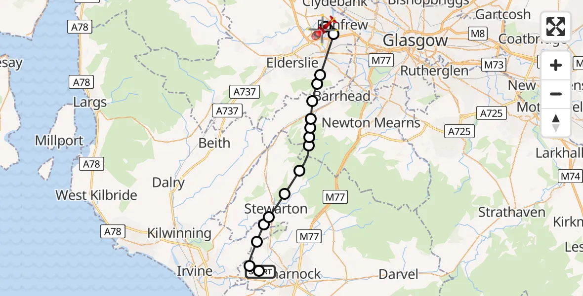 Flight route Air Ambulance Helicopter Crosshouse University Hospital - Glasgow Airport, 24 May 2026, 09:47