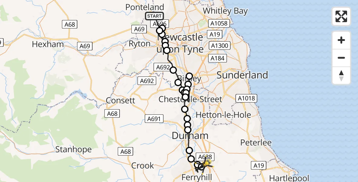 Flight route Police Helicopter Newcastle International Airport - West Cornforth, 24 May 2026, 09:54