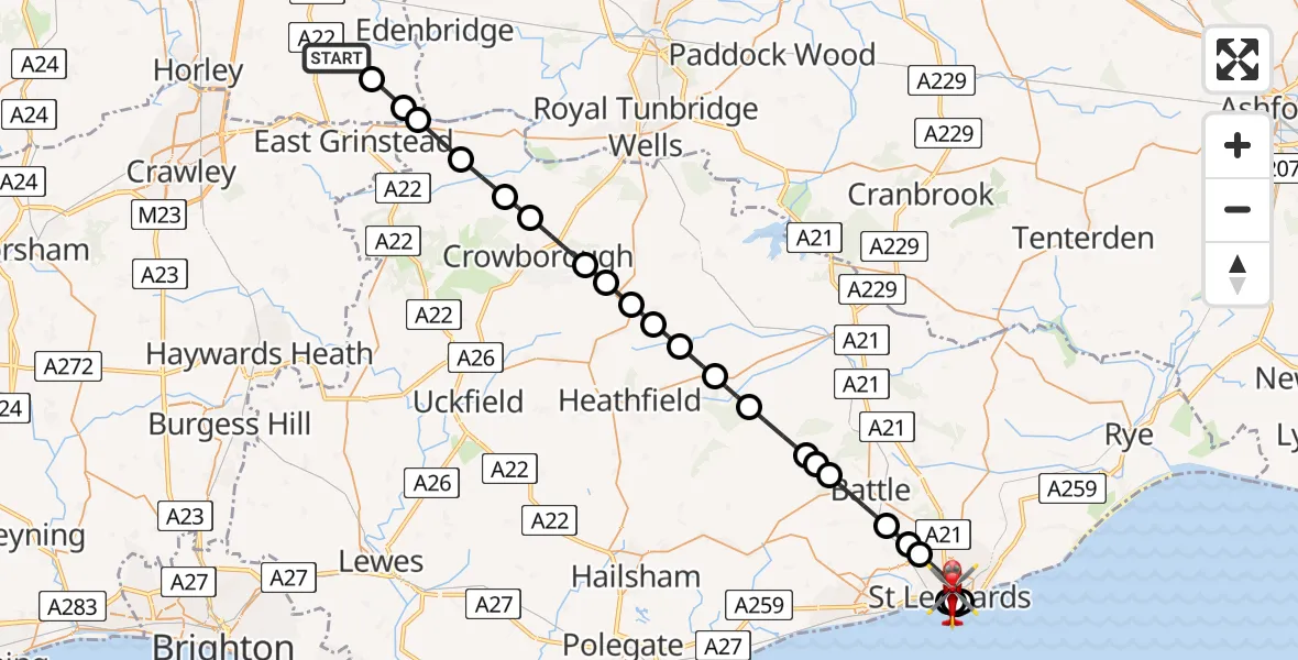 Flight route Air Ambulance Helicopter Lingfield - St Leonards, 24 May 2026, 10:06