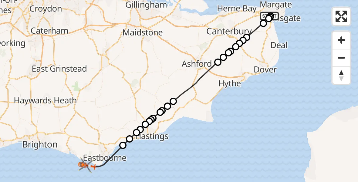 Flight route Coastguard Helicopter Manston Airport - English Channel, 24 May 2026, 10:06