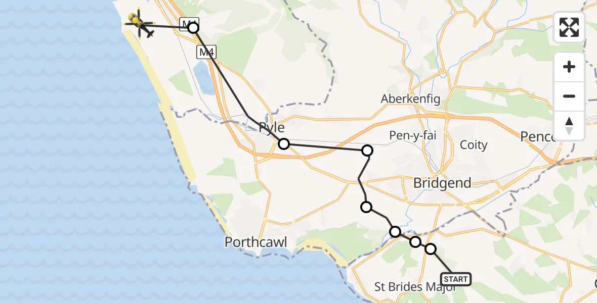 Flight route Police Helicopter St Brides Major - Margam Moors, 24 May 2026, 10:05