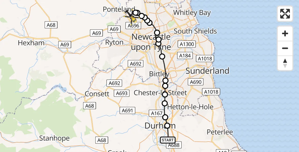 Flight route Police Helicopter High Shincliffe - Newcastle International Airport, 24 May 2026, 10:16