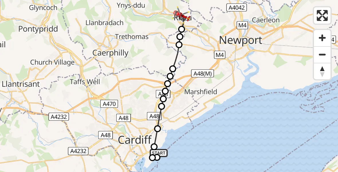 Flight route Air Ambulance Helicopter Cardiff Heliport - Risca, 24 May 2026, 10:16