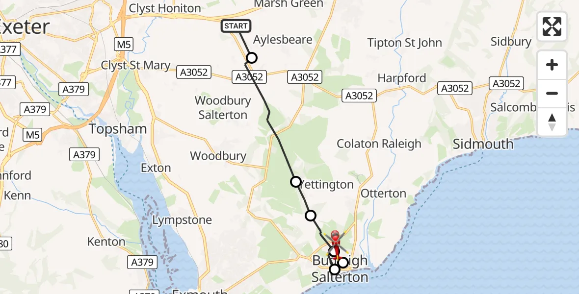 Flight route Air Ambulance Helicopter Aylesbeare - Budleigh Salterton, 24 May 2026, 10:24